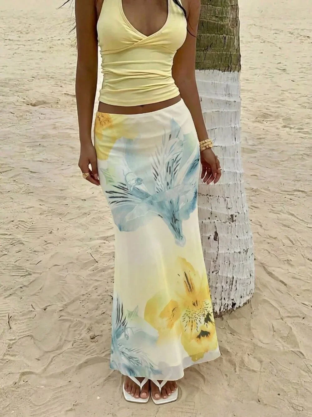 Yellow Boho Women's Elegant Floral Print Low Waist Skirt